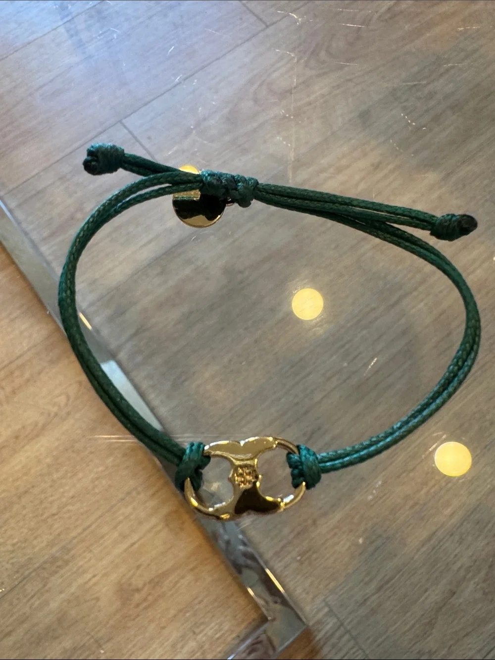 Tory Burch Dark Green Cord Bracelet with Gold Logo Accent